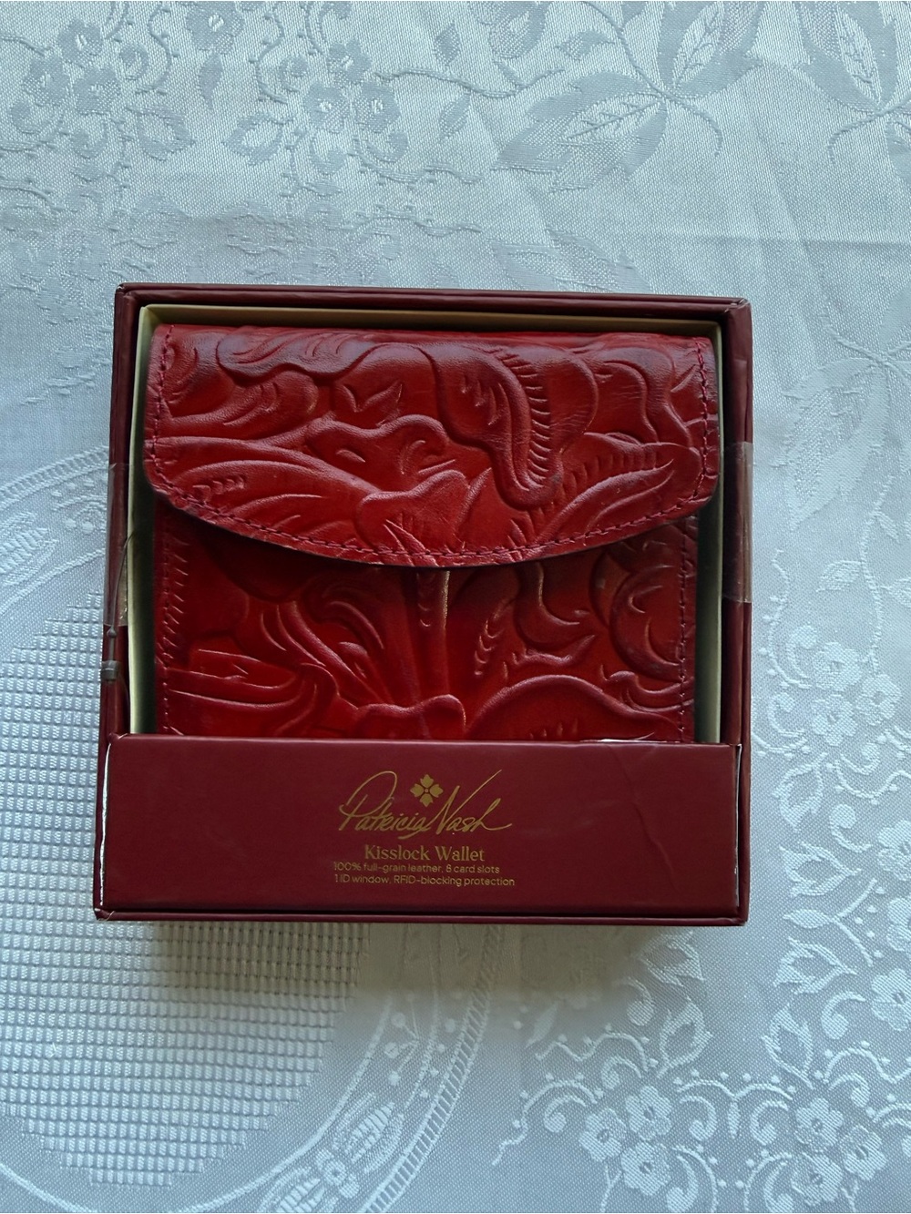 Patricia Nash Embossed Red 100% Full Grain Leather Kisslock 6 Card Slot Wallet